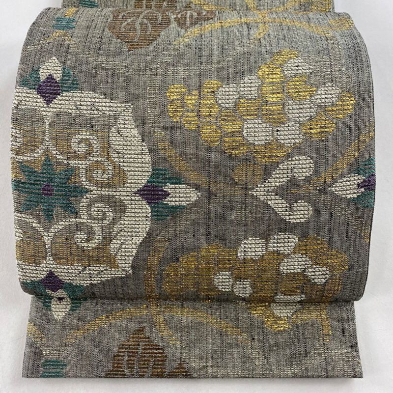 袋帯 美品 名品 葡萄 花 箔 灰色 六通 正絹｜中古・古着