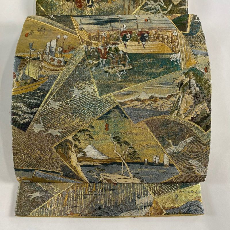 丸帯 美品 逸品 東海道五十三次 扇面 箔 金色 六通 正絹｜中古