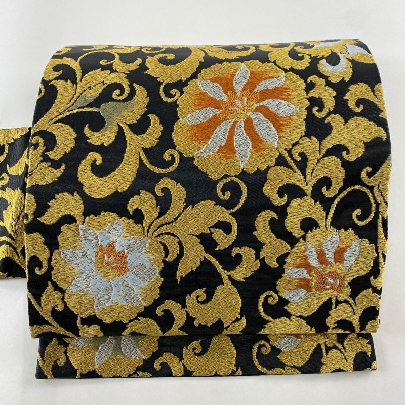 名古屋帯 唐織 花唐草 黒地 織り出し 九寸 着物 正絹 T-8092 名古屋帯 美品 秀品 花唐草 花唐草 金銀糸 黒 正絹｜中古・古着