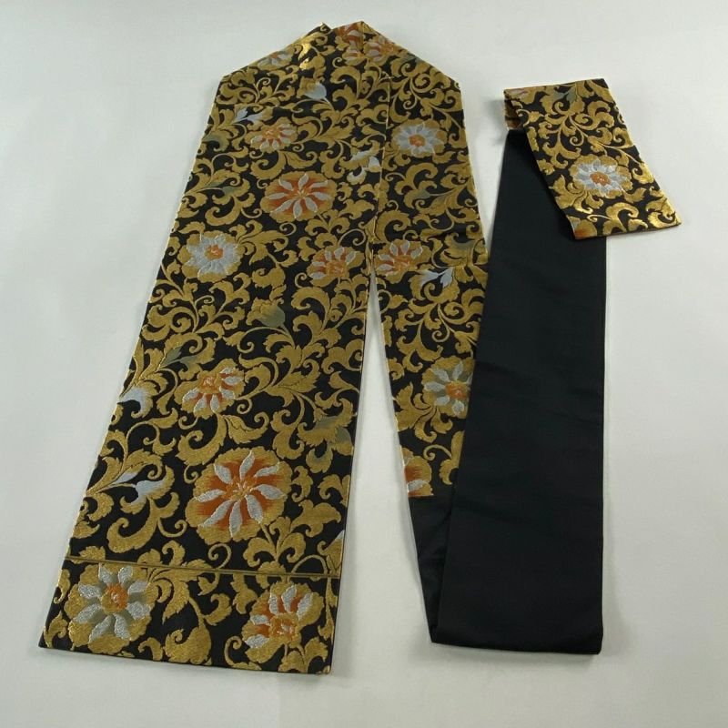 アンティーク帯 名古屋帯 獅子 仕覆 花唐草 カーキ AO-3065 名古屋帯 美品 秀品 花唐草 花唐草 金銀糸 黒 正絹｜中古・古着