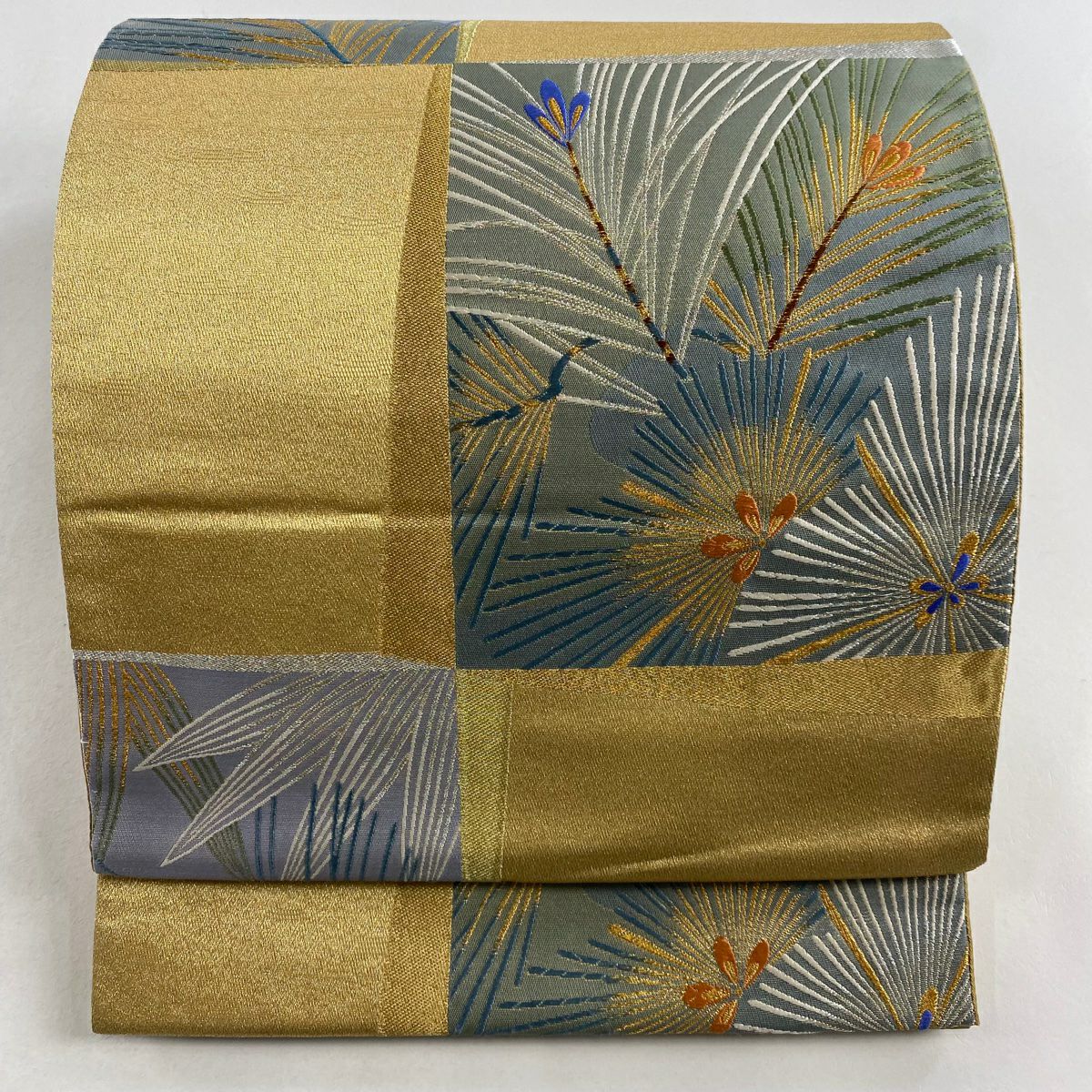 袋帯 名品 桜 若松 唐織 金糸 灰茶 六通 正絹 【中古】
