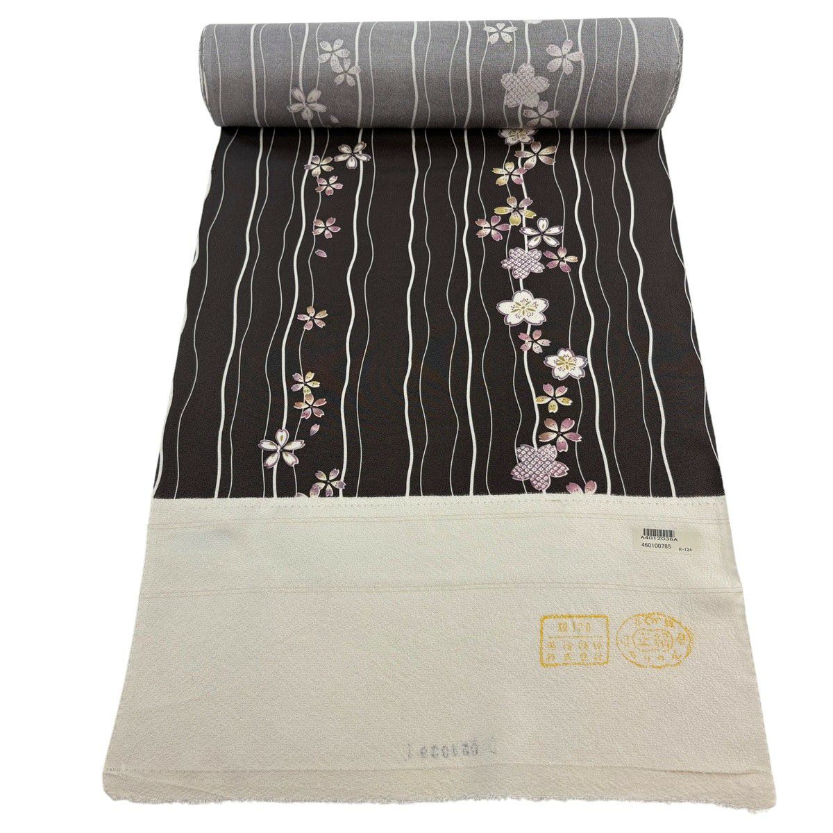 反物 秀品 小紋 桜 よろけ縞 焦茶色 正絹｜中古・古着・リサイクル着物