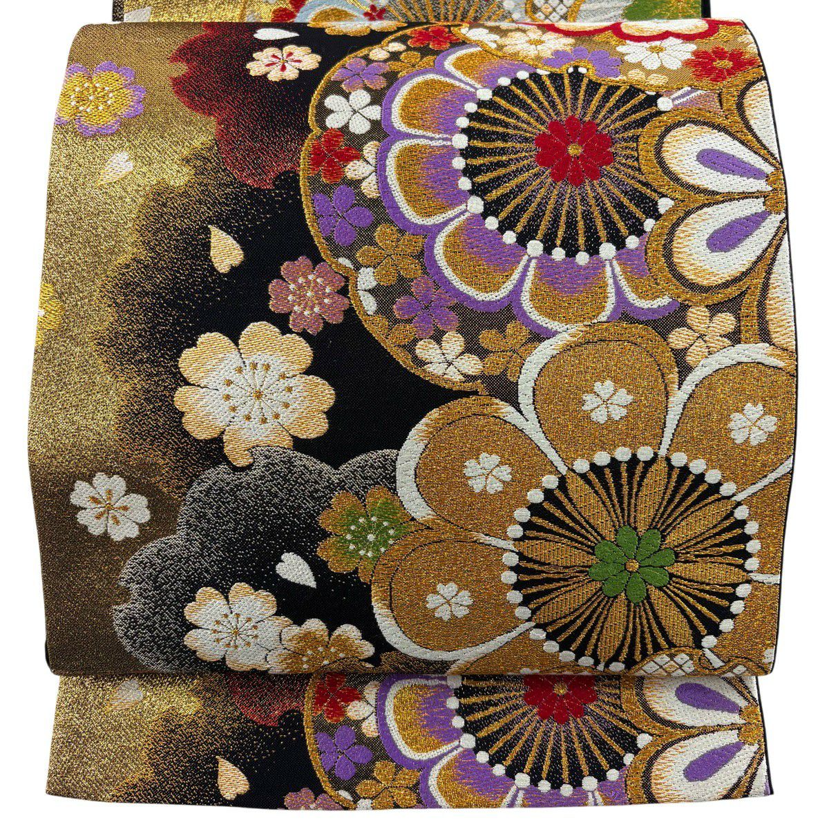 美品】 袋帯 秀品 雪輪 桜 金糸 箔 黒 六通 正絹｜中古・古着