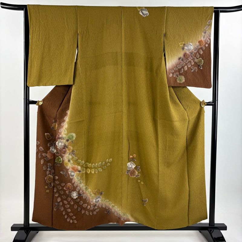 訪問着 身丈156.5cm 裄丈64cm M 袷 辻が花 金銀彩 ぼかし 黄土色