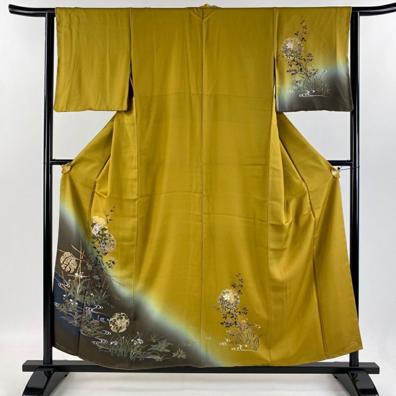 美品 振袖 深い黄緑 扇面 鶴 花文 雪輪 金彩加工 金駒刺繍 身丈154cm 美品！金通し地＊金駒刺繡＊金彩満載＊豪華＊振袖＊トールサイズ