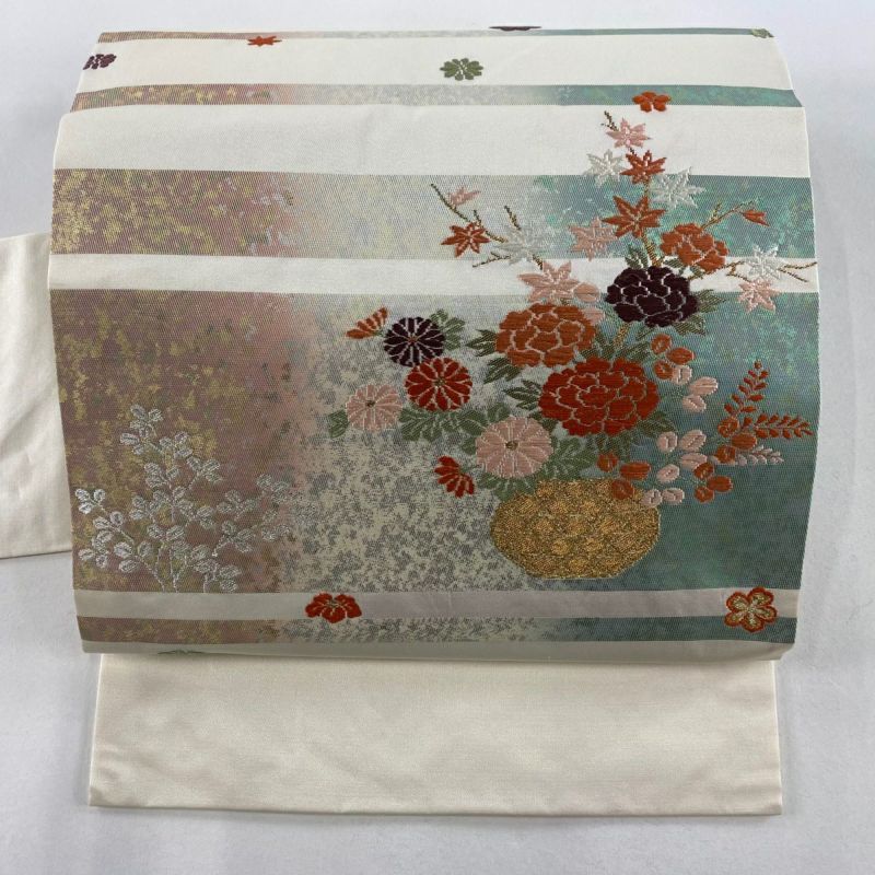 名古屋帯 美品 秀品 花籠 萩 金銀糸 刺繍 クリーム 正絹｜中古