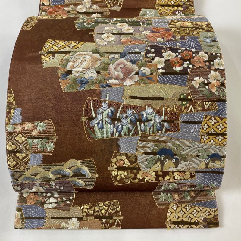 袋帯 美品 逸品 扇 草花 刺繍 金糸 茶色 六通 正絹｜中古・古着