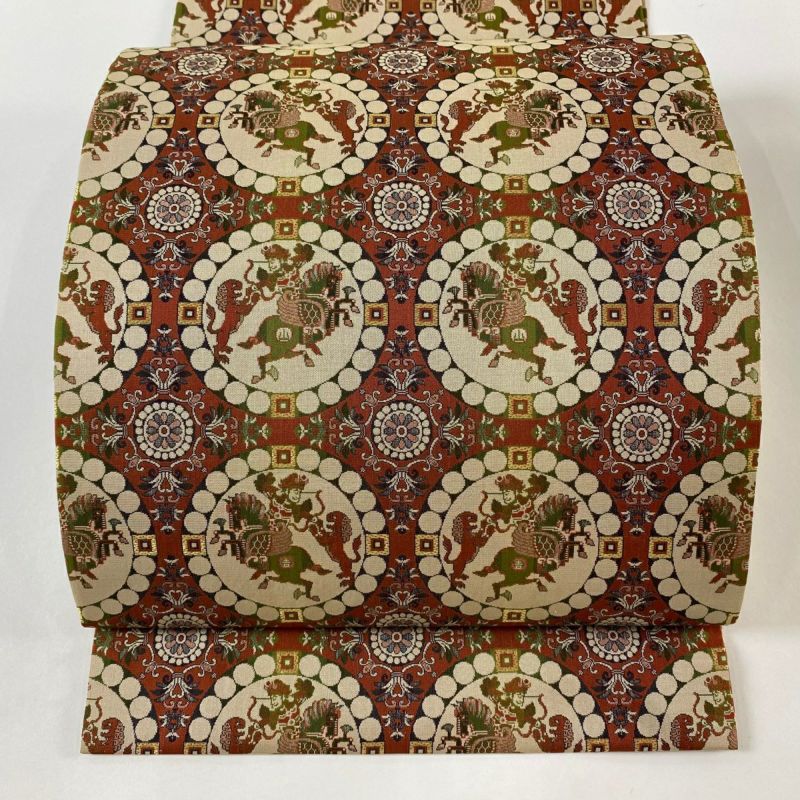 開き名古屋帯 美品 逸品 龍村美術織物 比翼仕立て 獅子狩文錦 赤