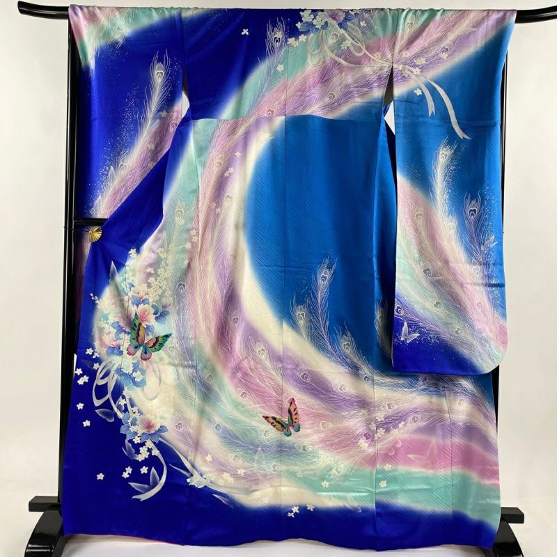 未使用品 訪問着 青緑 斑 枝花 鳳凰 金彩加工 身丈157cm 裄丈64m
