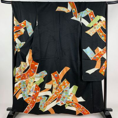 振袖 身丈162cm 裄丈67cm M 袷 熨斗 松竹梅 金糸 金彩 黒 正絹