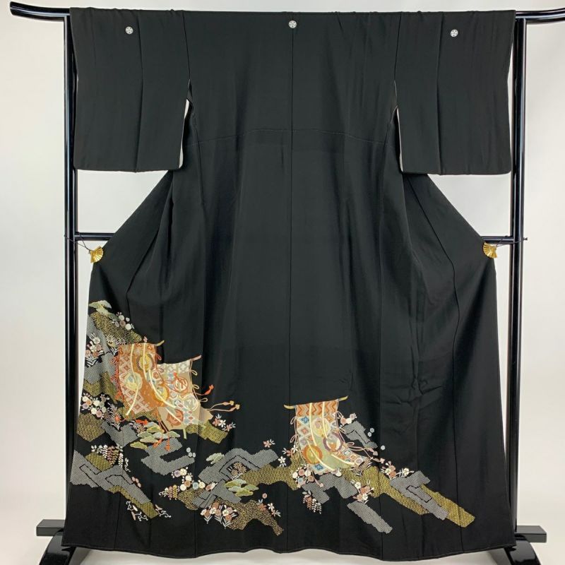 黒留袖 身丈163cm 裄丈64cm M 袷 几帳 鶴 金糸 金彩 黒 正絹 秀