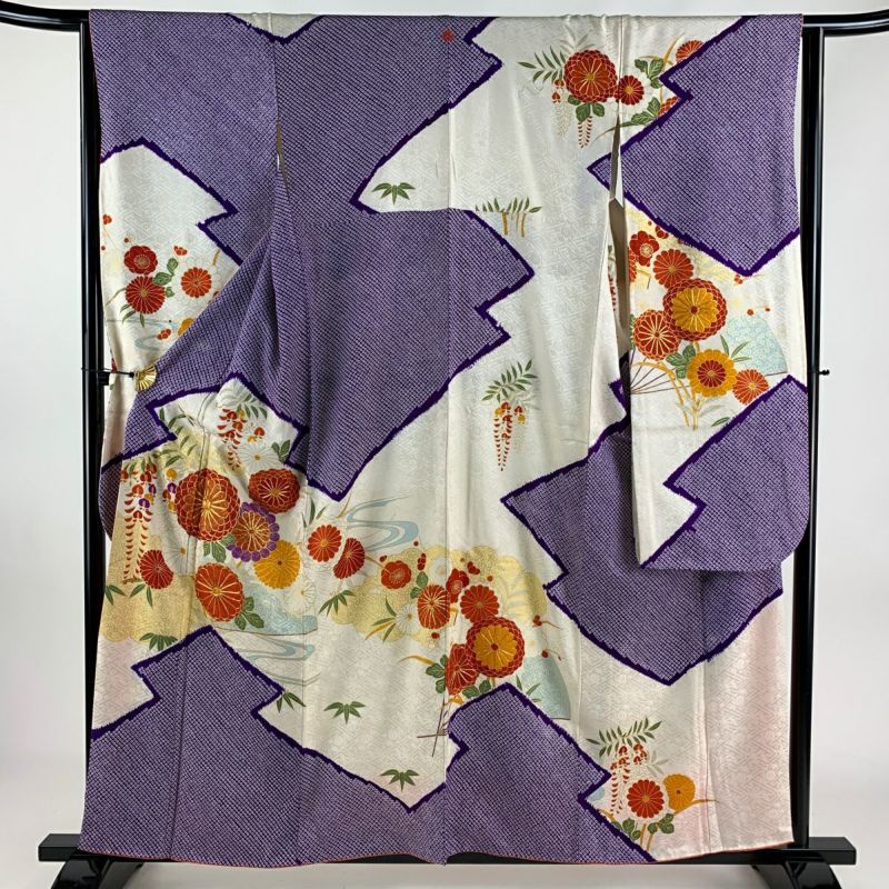 振袖 身丈157.5cm 裄丈64cm M 袷 菊 雲紋 金糸 金彩 紫 正絹 秀