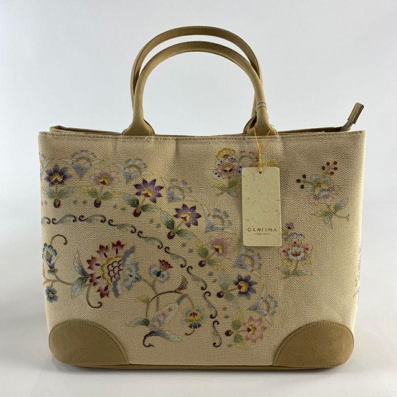 和装バッグ 美品 逸品 OKAJIMA 花唐草 金彩 縮緬 ベージュ 正絹