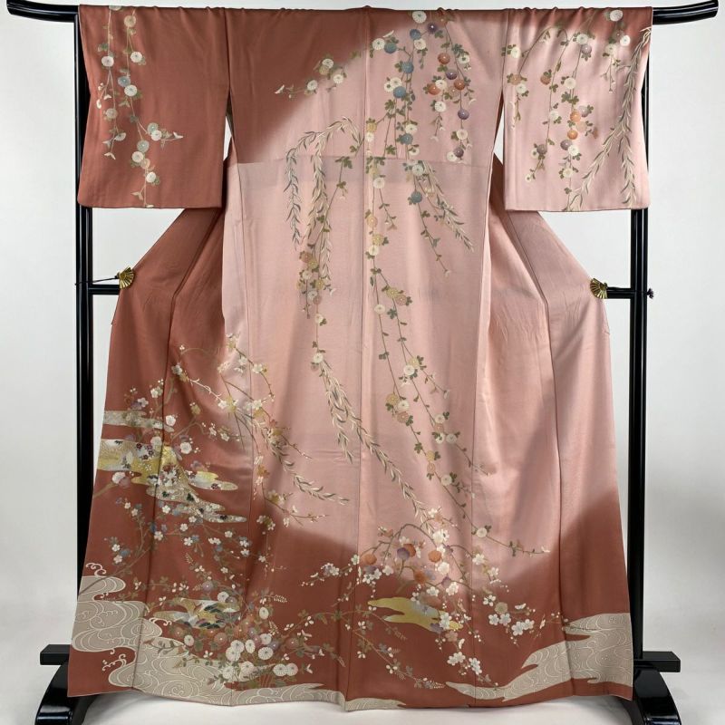 ■E4124■美品■紅海老茶色　花尽くし　京友禅　袷　振袖　丈166 裄68 □E4124□美品□紅海老茶色 花尽くし 京友禅 袷 振袖 丈166 裄68