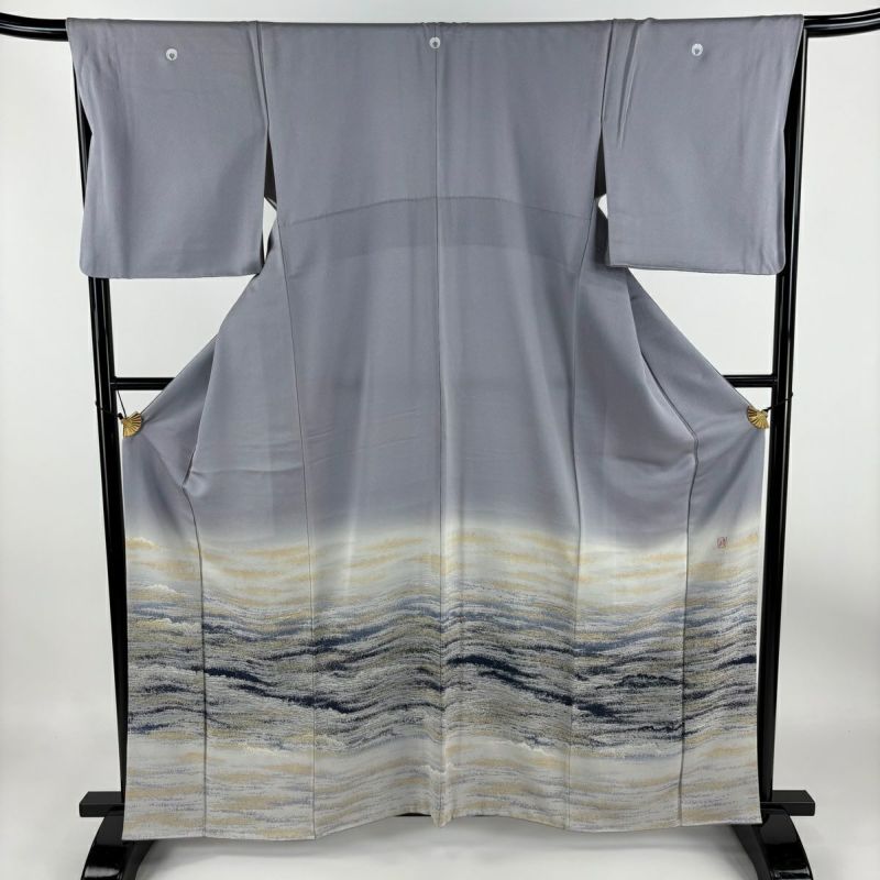色留袖 身丈161.5cm 裄丈66cm M 袷 落款あり 霞 金糸 ぼかし 灰