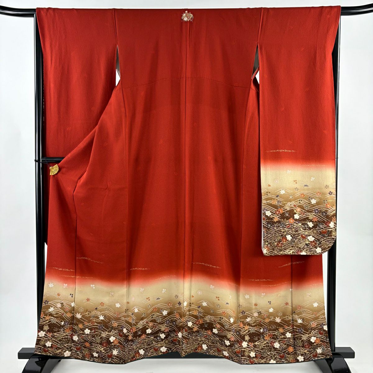 振袖フルセット 身丈166裄68 赤 金彩 暈し染め 鈴乃屋 成人式 逸品 振袖 身丈160cm 裄丈66cm M 袷 鈴乃屋 花 波 金彩 染め分け 朱色 正絹