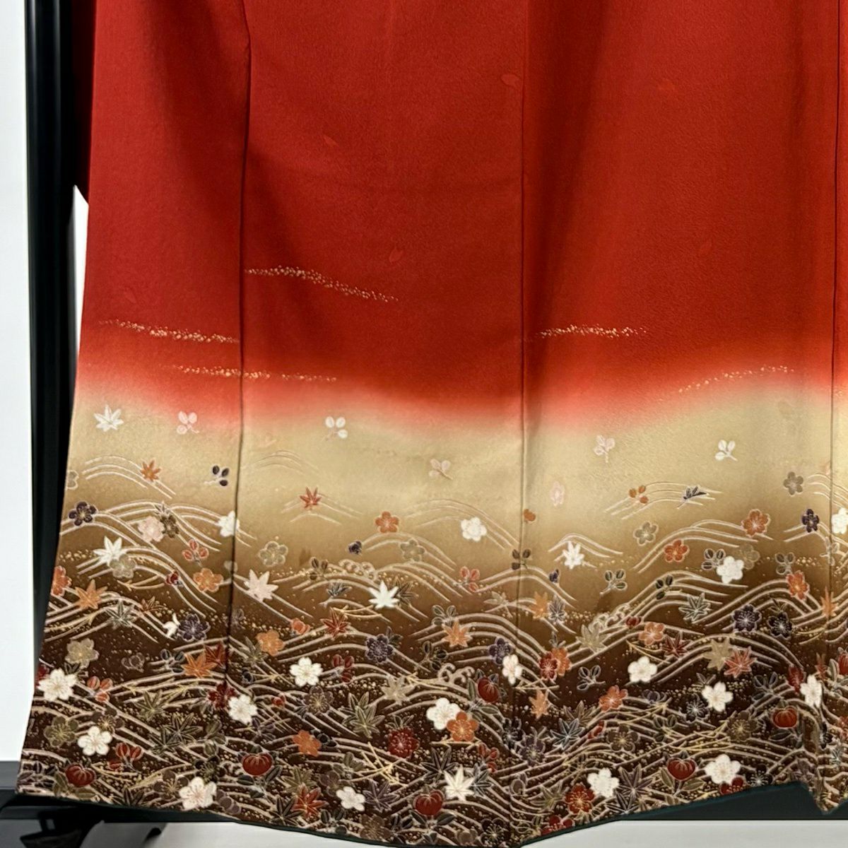振袖 身丈160cm 裄丈66cm M 袷 鈴乃屋 花 波 金彩 染め分け 朱色 正絹