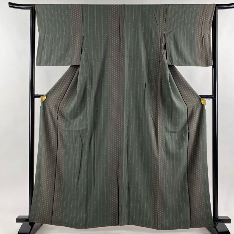 小紋 身丈160.5cm 裄丈63.5cm S 袷 麻の葉 小花 深緑 正絹 美品