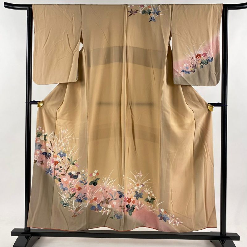 訪問着 身丈153.5cm 裄丈63cm S 袷 草花 ぼかし ベージュ 正絹