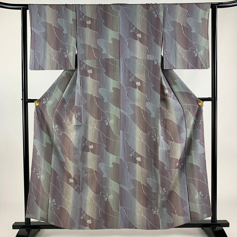 小紋 身丈158cm 裄丈62.5cm S 単衣 縞 葉 茶紫 正絹 秀品｜中古