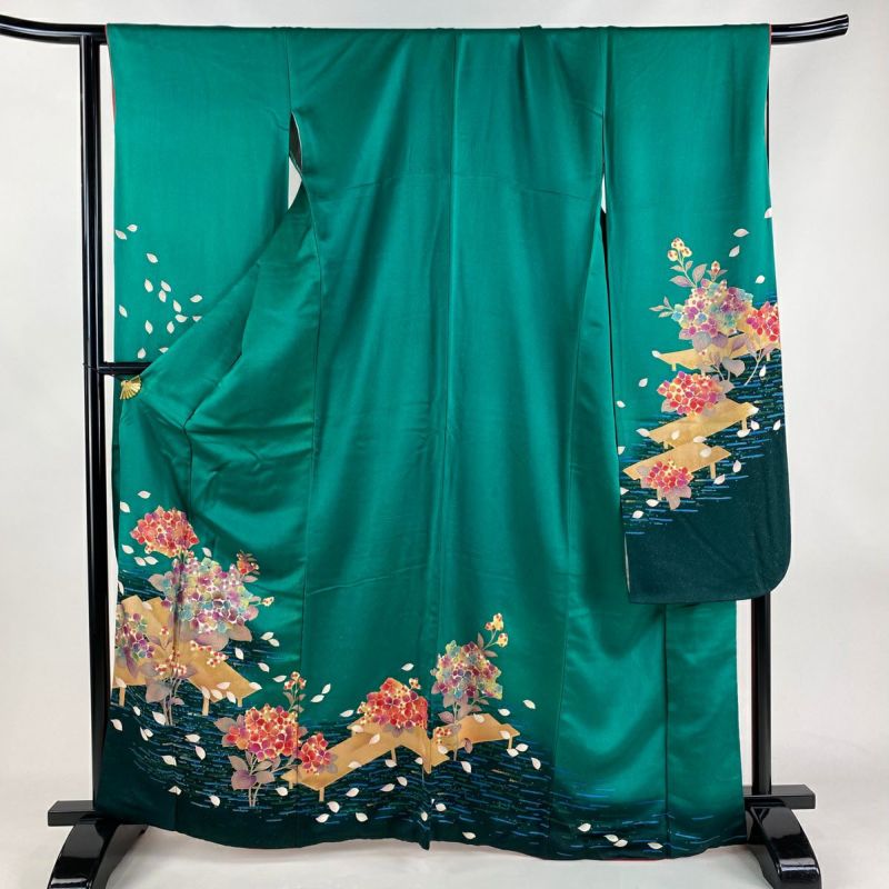 振袖 身丈166cm 裄丈66.5cm M 袷 紫陽花 橋 金銀彩 金通し 緑