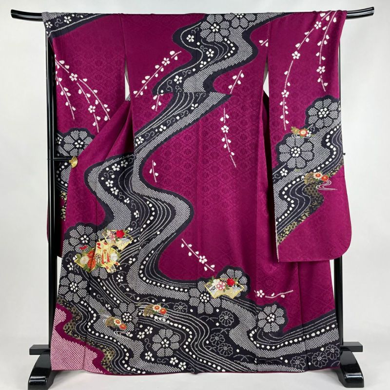 振袖 身丈166cm 裄丈69cm L 袷 扇面 御所車 絞り 刺繍 赤紫 正絹