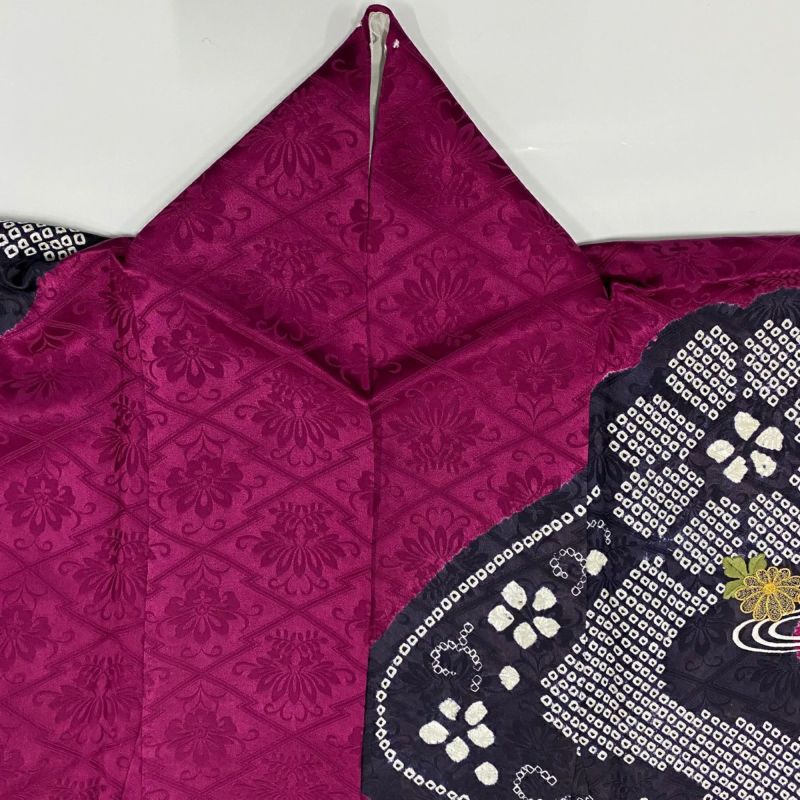 振袖 身丈166cm 裄丈69cm L 袷 扇面 御所車 絞り 刺繍 赤紫 正絹 振袖 身丈166cm 裄丈69cm L 袷 扇面 御所車 絞り 刺繍 赤紫 正絹