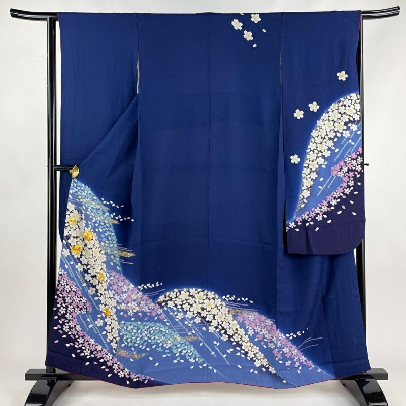 振袖 身丈160cm 裄丈65cm M 袷 鈴乃屋 桜 霞 金糸 刺繍 紺色