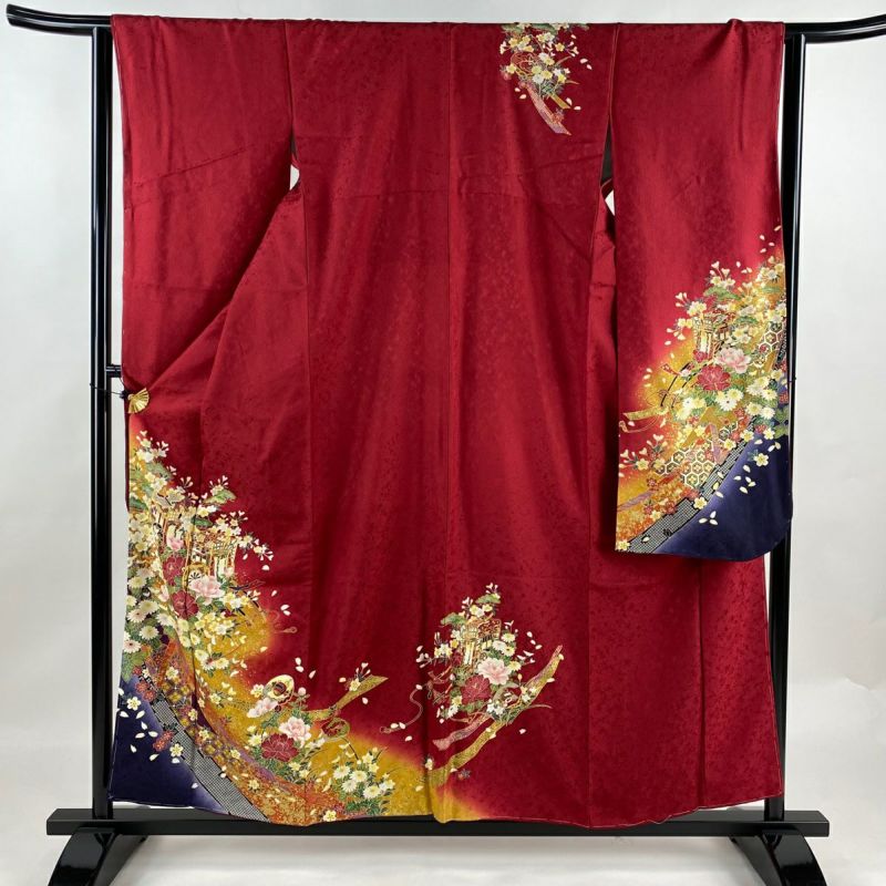 振袖 身丈157.5cm 裄丈64cm M 袷 御所車 牡丹 金糸 金彩 赤 正絹