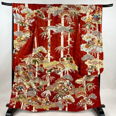 振袖 身丈159.5cm 裄丈69cm L 袷 松竹梅 草花 金糸 金彩 朱色