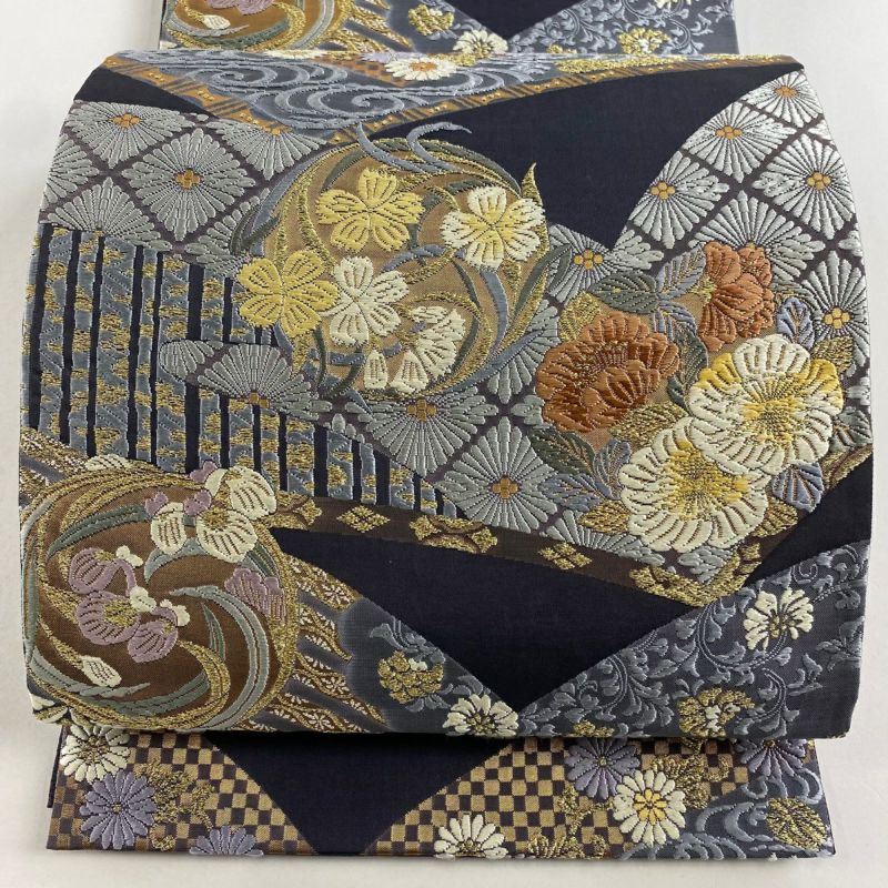 袋帯 美品 名品 花丸文 流水 刺繍 金糸 青紫 六通 正絹｜中古