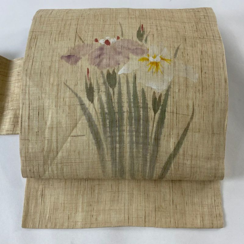 c-1110　名古屋帯　真綿　瓜模様　【中古】 袋帯 美品 秀品 雪輪 草花 刺繍 金糸 灰色 お太鼓柄 正絹｜中古