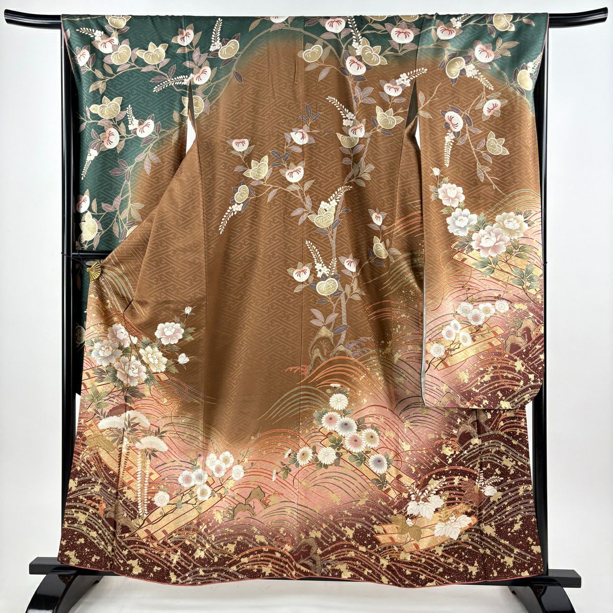 振袖 身丈159.5cm 裄丈67cm M 袷 花筏 波 金糸 金彩 茶色 正絹 秀品