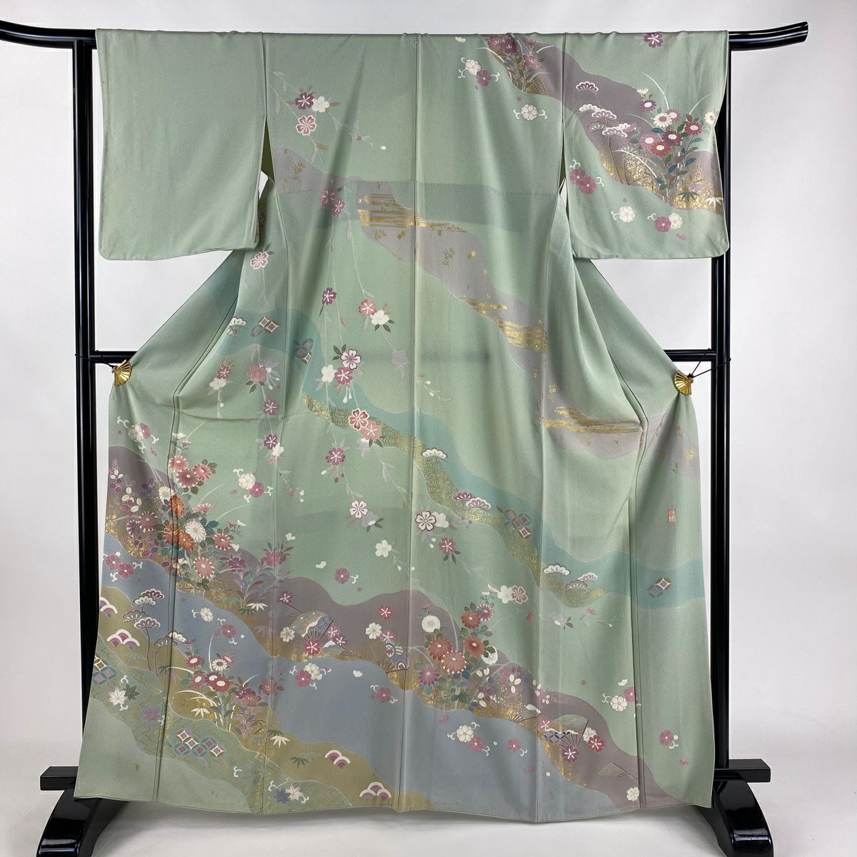 訪問着 身丈161cm 裄丈65cm M 袷 枝花 流水 螺鈿 金銀彩