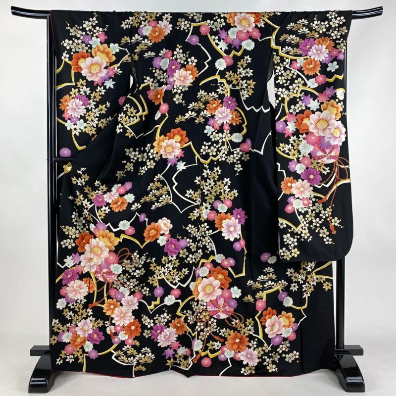 振袖 身丈168cm 裄丈68cm L 袷 手鞠 桜 金銀彩 黒 正絹 名品