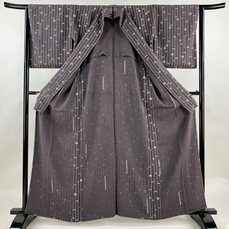 小紋 身丈161cm 裄丈64.5cm M 単衣 桜 縦縞 金彩 茶紫 正絹 秀品