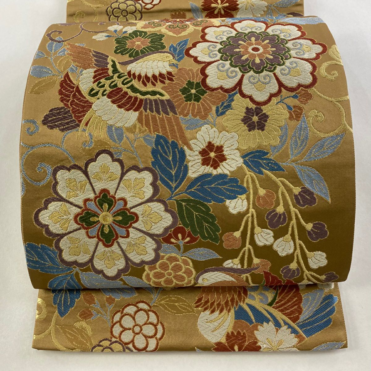 最終値引き】 70%OFF 袋帯 秀品 鴛鴦 華文 金糸 唐織 茶色 六通 正絹
