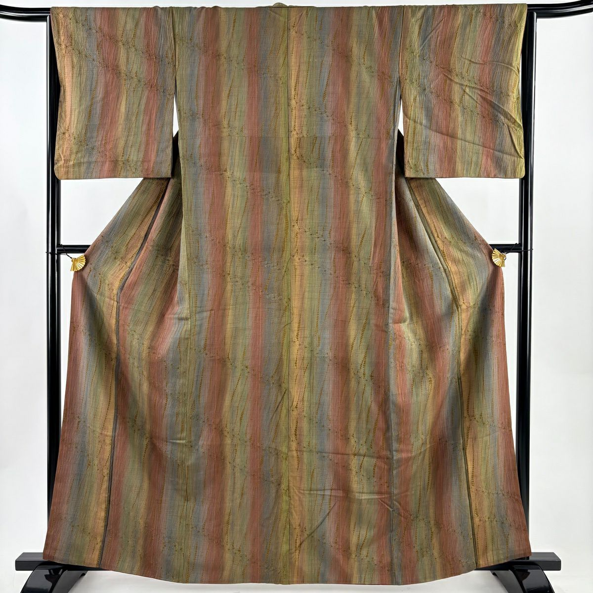 小紋 身丈162.5cm 裄丈65cm M 袷 紬地 やまと 縦縞 幾何学 絞り 茶色