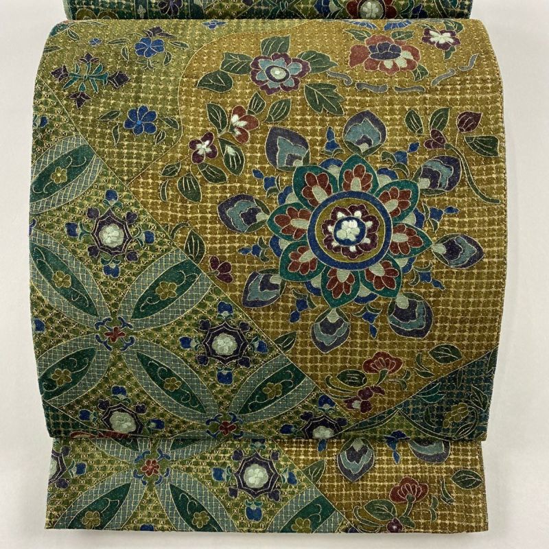 袋帯 美品 逸品 草花 華文 刺繍 金糸 深緑 全通 おおきく 正絹 【中古】