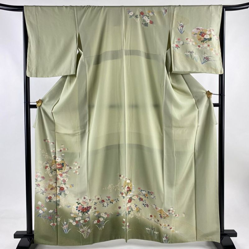 新着 裄丈67cm 身丈163.5cm 訪問着 M 薄緑 ぼかし 金彩 草花 雪輪 袷 着物・浴衣