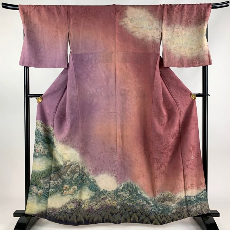 中古】 付下げ 付け下げ 附下 レディース 正絹 抹茶色 扇文 落款