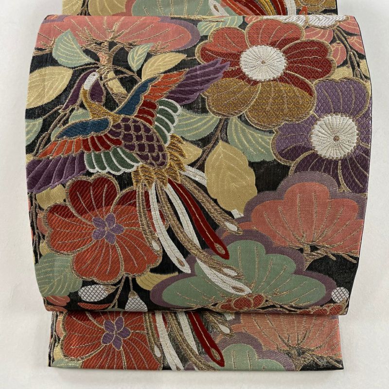 袋帯 秀品 証紙あり 尾長鳥 松梅 刺繍 金糸 黒 六通 正絹 ｜中古