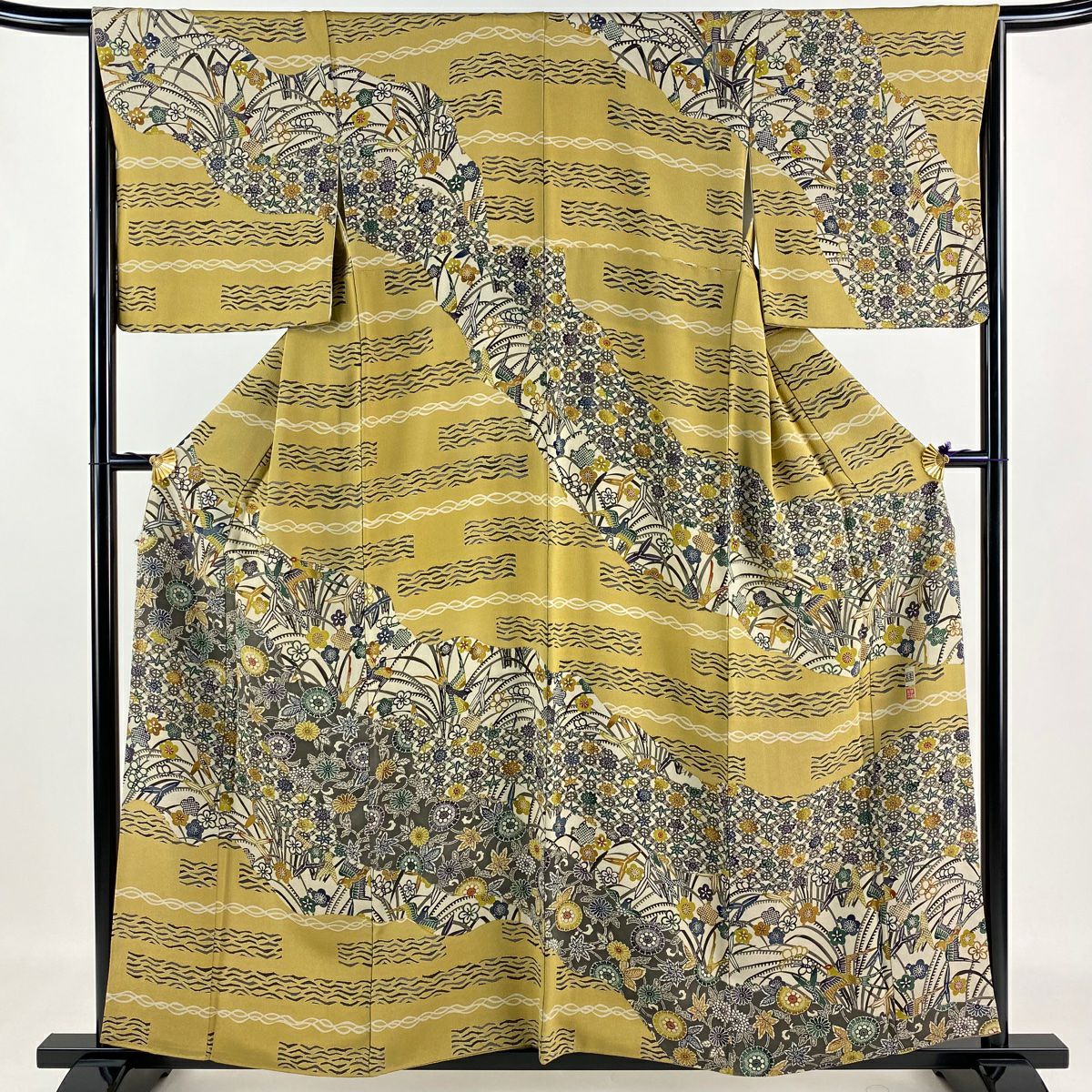 訪問着 競り 身丈159cm 裄丈64cm M 袷 やまと 松竹梅 建物 金糸 金彩 青 