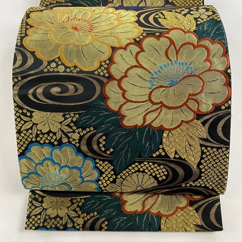 袋帯 秀品 花 観世水 金糸 箔 黒 六通 正絹 ｜中古・古着