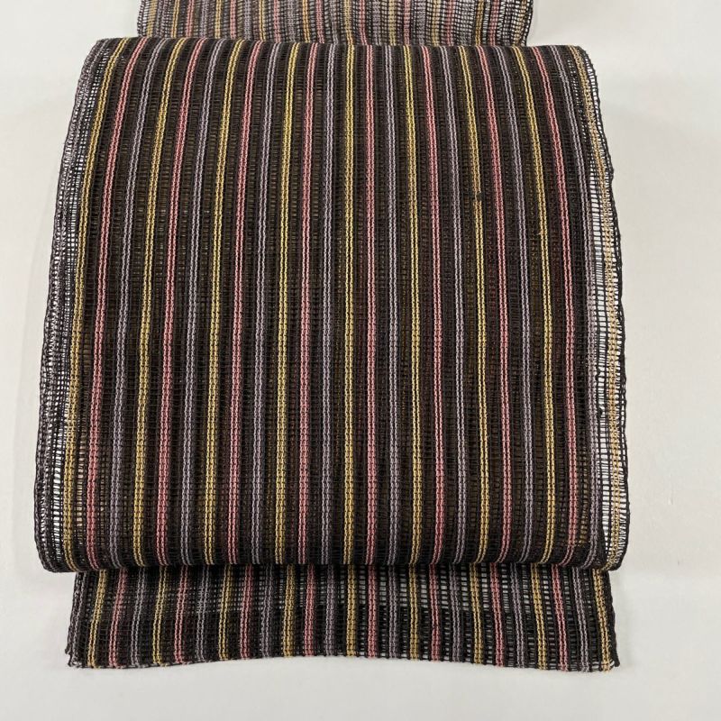 名古屋帯 秀品 夏帯 八寸名古屋帯 トンネル仕立て 縞 黒灰 正絹