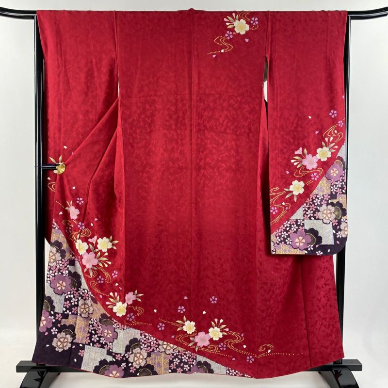 【値下げ】振袖 身丈172 身幅広め 振袖 身丈158cm 裄丈65cm M 袷 桜 流水 金彩 染め分け 赤 正絹