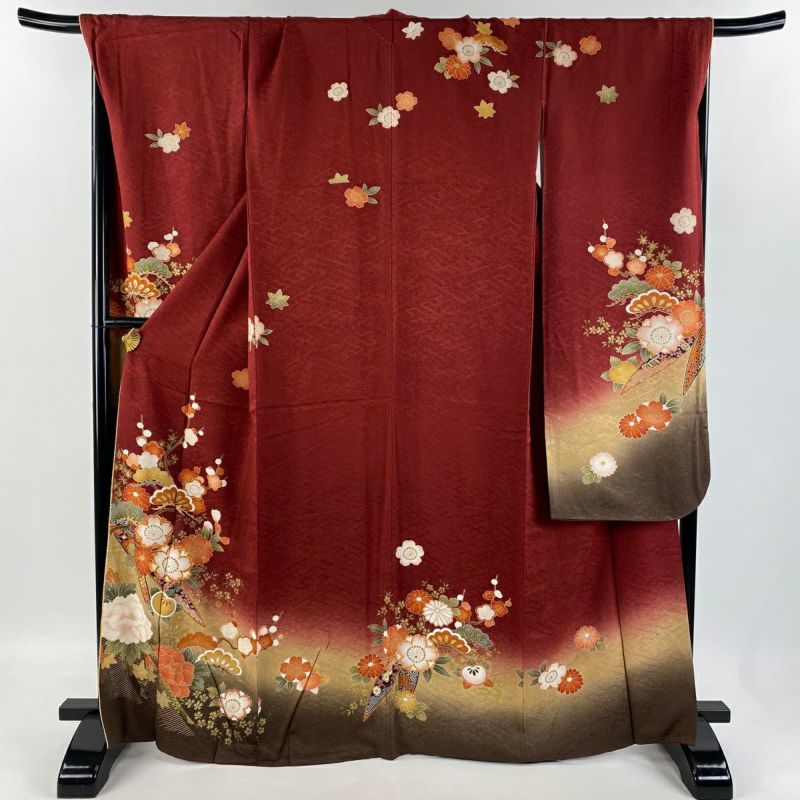 振袖 身丈166.5cm 裄丈70cm L 袷 やまと 松梅 桜 金糸 金彩 赤茶