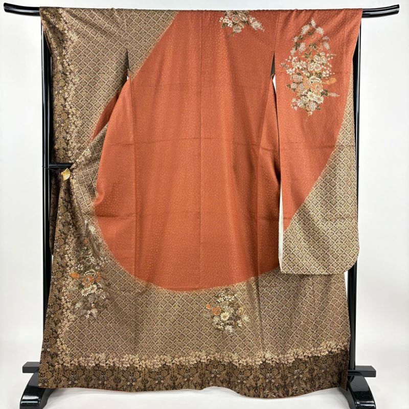 振袖 身長159-174cm 濃茶　正絹 振袖 身丈167cm 裄丈68cm L 袷 やまと 草花 斜め格子 金通し
