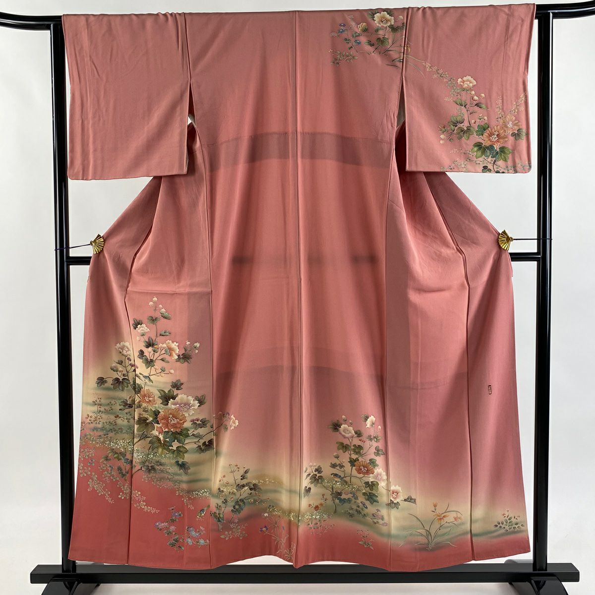 訪問着 身丈162cm 裄丈68.5cm L 袷 枝花 波 金銀彩 ぼかし サーモン