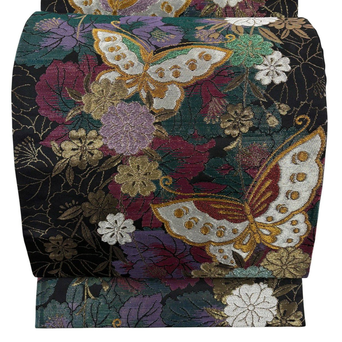 美品】 袋帯 秀品 草花 蝶 金銀糸 箔 黒 六通 正絹｜中古・古着